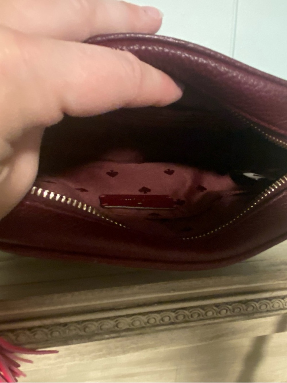 EUC kate spade Chevron Colorblock Leather Crossbody Burgundy and Pink. Callout - Picture 10 of 11